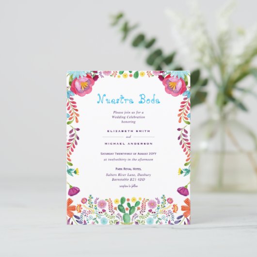 BUDGET Nuestra Boda Folk Flowers Huwelijksuitnodig (Staand voorkant)