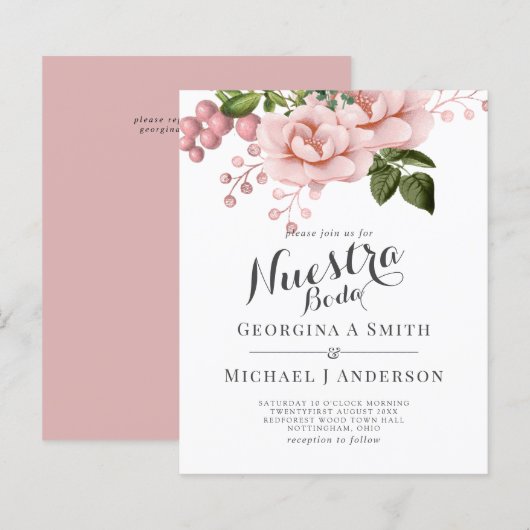 BUDGET Nuestra Boda Invitacion - Blush roze rozen (Voorkant / Achterkant)