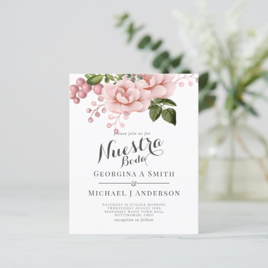 BUDGET Nuestra Boda Invitacion - Blush roze rozen (Staand voorkant)