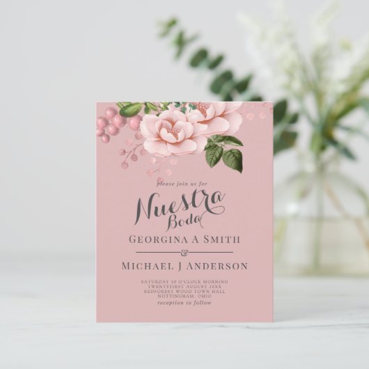 BUDGET Nuestra Boda Uitnodiging - Roze Rozen (Staand voorkant)