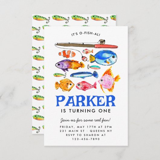 Budget O-Fish-al Reel Fun Fish Vist Verjaardag Notitiekaartje (Voorkant / Achterkant)