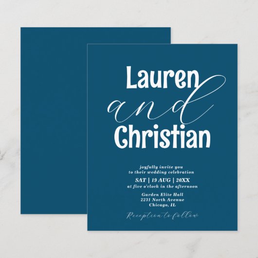 Budget Ocean Blue Scripture Wedding Invitation (Voorkant / Achterkant)
