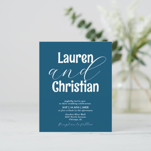 Budget Ocean Blue Scripture Wedding Invitation (Staand voorkant)