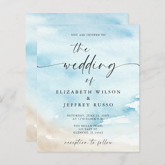 Budget Ocean Zee Summer Beach bruiloft uitnodiging (Voorkant / Achterkant)