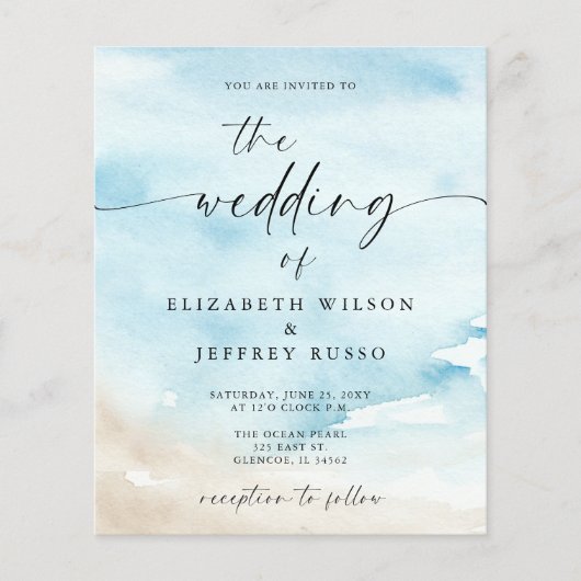 Budget Ocean Zee Summer Beach bruiloft uitnodiging (Voorkant)