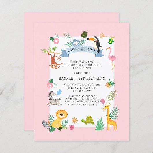 Budget Oerwoud Dieren Meisje 1e verjaardag Uitnodi (Voorkant / Achterkant)