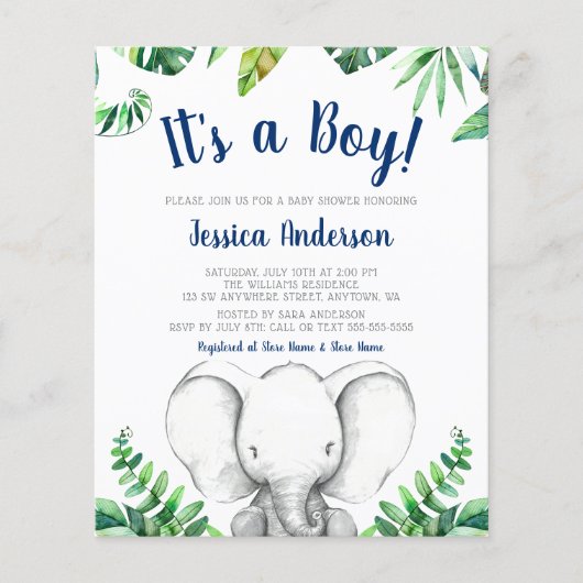 Budget Oerwoud Elephant Boy Navy Blue Baby shower (Voorkant)
