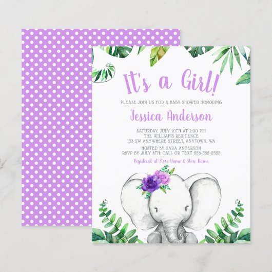 Budget Oerwoud Elephant Girl Paars Baby shower (Voorkant / Achterkant)