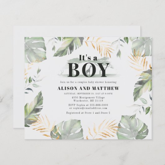 Budget Oerwoud Safari Baby shower Boys Uitnodiging (Voorkant / Achterkant)