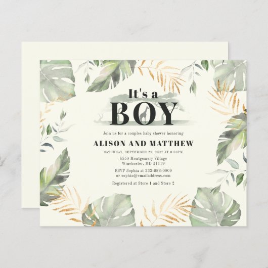 Budget Oerwoud Safari Baby shower Boys Uitnodiging (Voorkant / Achterkant)