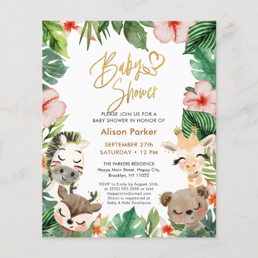 BUDGET Oerwoud Safari Tropisch groen Baby shower Flyer (Voorkant)