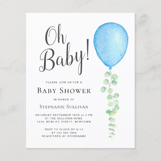 Budget Oh Baby Blue Baby shower Uitnodiging (Voorkant)