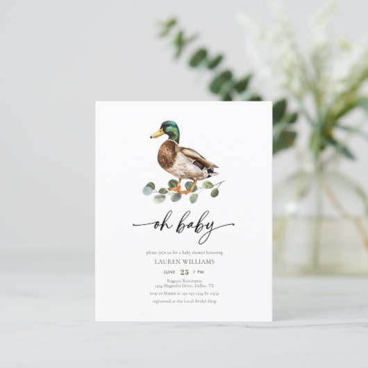Budget Oh Baby Mallard Duck Baby shower Uitnodigin (Staand voorkant)