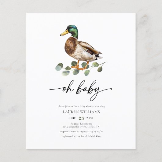 Budget Oh Baby Mallard Duck Baby shower Uitnodigin (Voorkant)