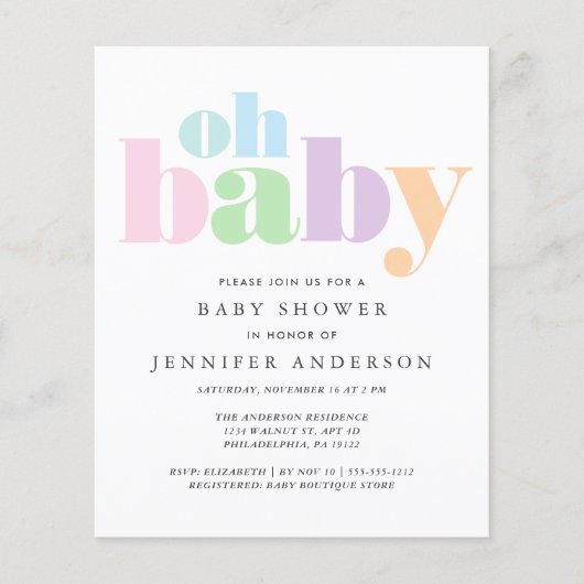 Budget Oh Baby Modern Baby shower Uitnodiging (Voorkant)