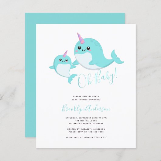 Budget Oh Baby Narwhal Baby shower Uitnodiging (Voorkant / Achterkant)
