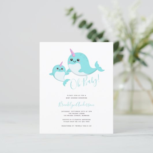 Budget Oh Baby Narwhal Baby shower Uitnodiging (Staand voorkant)