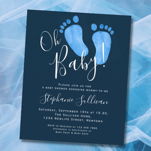 Budget Oh Baby Navy Blue Baby shower Uitnodiging