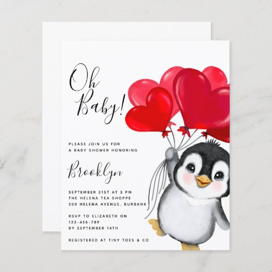Budget Oh Baby Penguin Baby shower Uitnodiging (Voorkant / Achterkant)