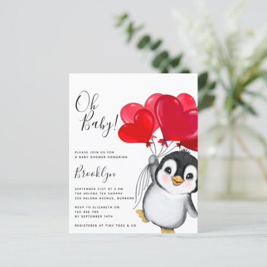 Budget Oh Baby Penguin Baby shower Uitnodiging (Staand voorkant)