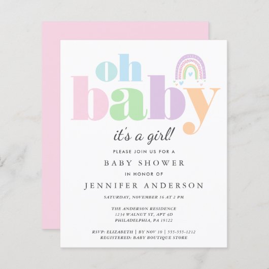 Budget Oh Baby Rainbow Baby Girl - Uitnodiging (Voorkant / Achterkant)