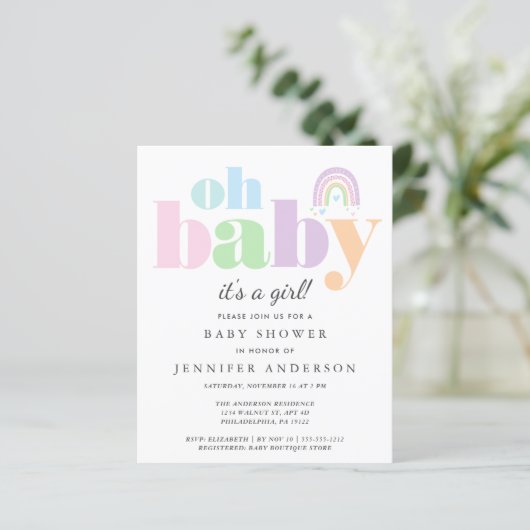 Budget Oh Baby Rainbow Baby Girl - Uitnodiging (Staand voorkant)