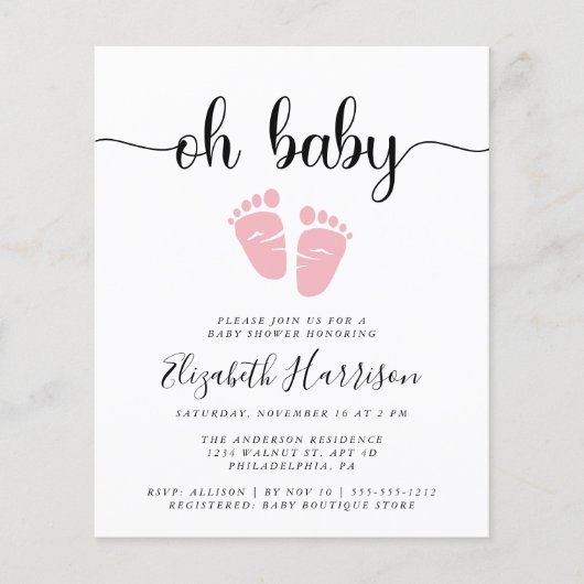 Budget Oh Baby roze Baby shower uitnodiging (Voorkant)