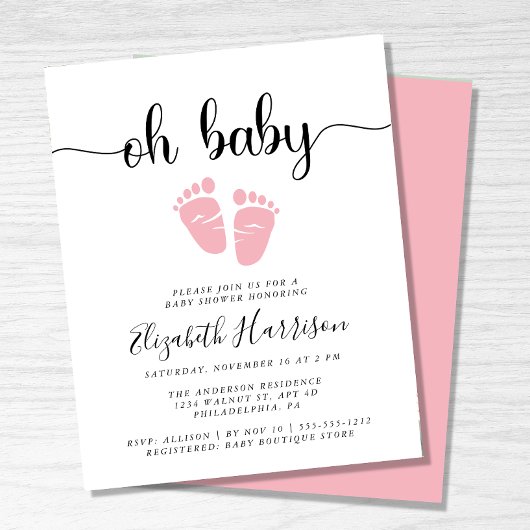 Budget Oh Baby roze Baby shower uitnodiging
