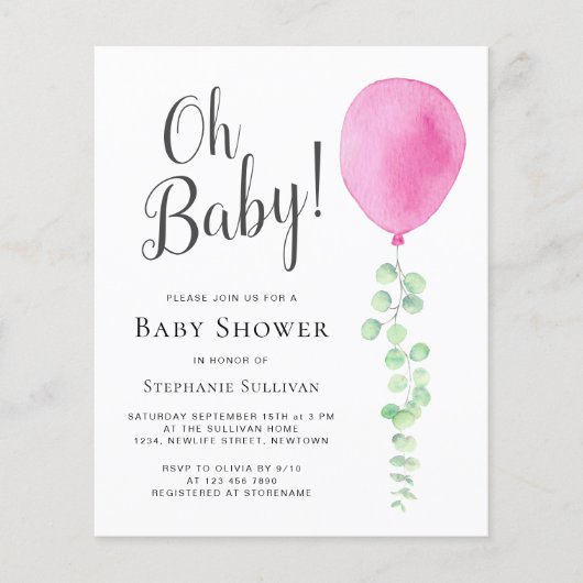 Budget Oh Baby Roze Ballon Uitnodiging Baby shower (Voorkant)