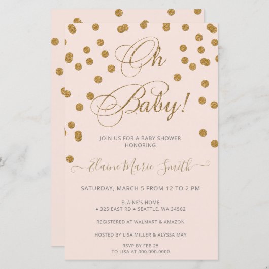 Budget Oh Baby roze Gold Baby shower Uitnodiging (Voorkant / Achterkant)