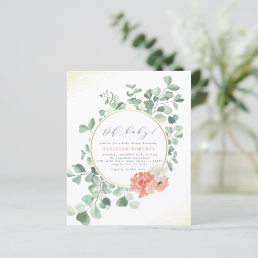 Budget Oh Baby roze Waterverf Floral Baby shower (Staand voorkant)