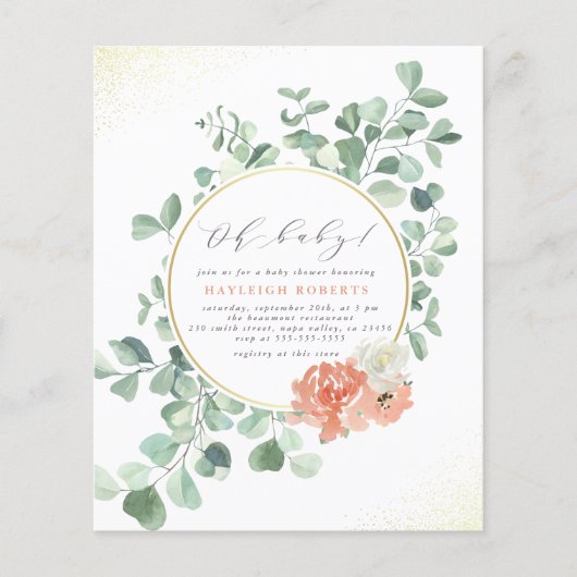 Budget Oh Baby roze Waterverf Floral Baby shower (Voorkant)