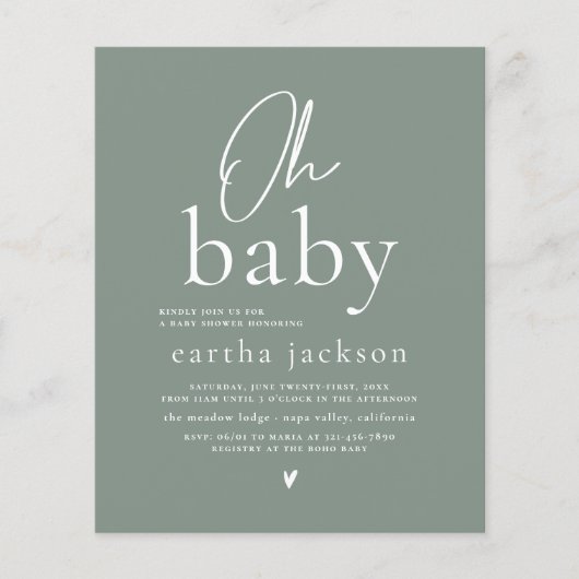 Budget Oh Baby Script Sage Green Boho Baby shower (Voorkant)
