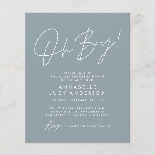 budget oh Boy baby shower script blauw elegant (Voorkant)