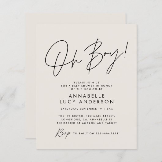 budget oh Boy baby shower script crème neutraal (Voorkant / Achterkant)