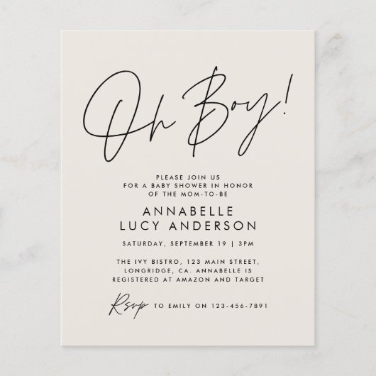budget oh Boy baby shower script crème neutraal (Voorkant)