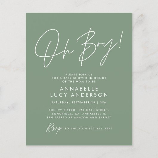 budget oh Boy baby shower script groen elegant (Voorkant)