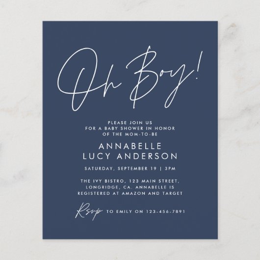 budget oh Boy baby shower script marineblauw (Voorkant)