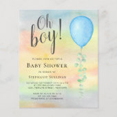 Budget Oh Boy Blauwe Ballon Baby Shower Uitnodigin (Voorkant)