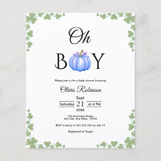 Budget Oh Boy Blue Pumpkin Herfst Baby shower Uitn (Voorkant)