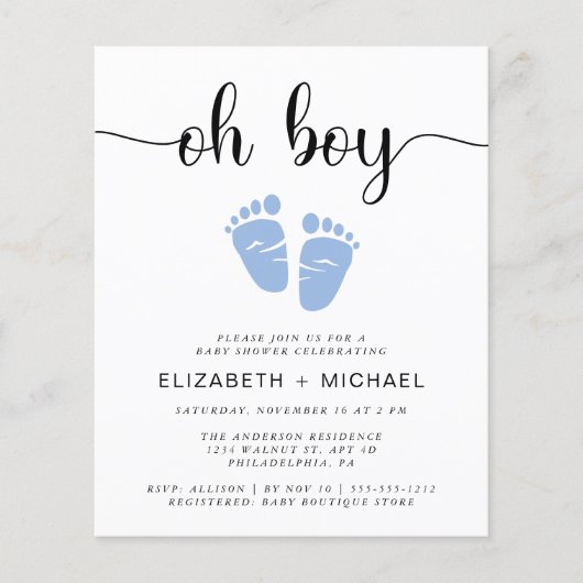 Budget Oh Boy Couples Baby Feet Shower Uitnodiging (Voorkant)
