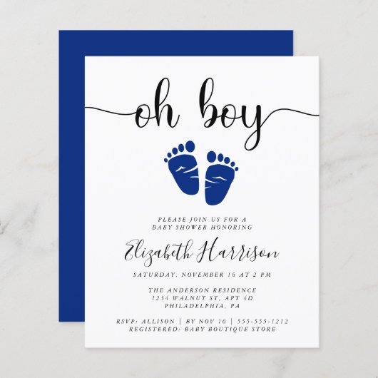 Budget Oh Boy Navy Blue Baby shower Uitnodiging (Voorkant / Achterkant)