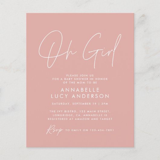 Budget oh meisje baby shower script roze (Voorkant)