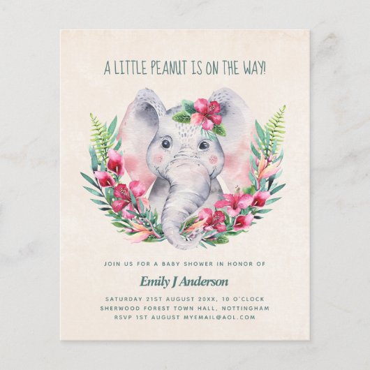 BUDGET Olifant Baby Shower Uitnodiging DeepPink Bl (Voorkant)