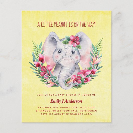 BUDGET Olifant Baby Shower Uitnodiging Safari (Voorkant)