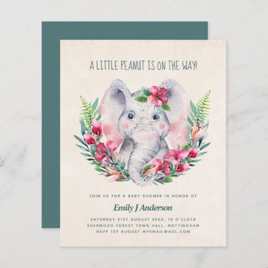 BUDGET Olifant Baby Shower Uitnodiging Safari (Voorkant / Achterkant)