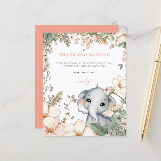 Budget Olifant Bloem Koraal Baby Shower Bedankt (Voorkant / Achterkant in situ)