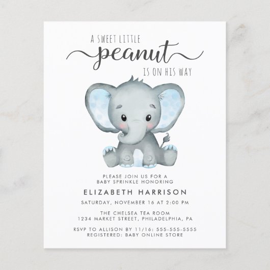 Budget Olifant Blue Baby Boy Sprinkle Invite (Voorkant)