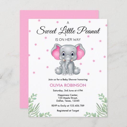 Budget Olifant Roze Meisje Baby shower Invitation (Voorkant / Achterkant)