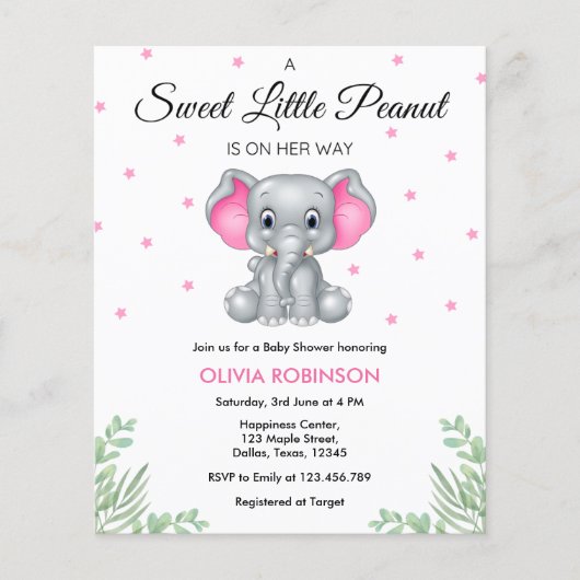Budget Olifant Roze Meisje Baby shower Invitation Flyer (Voorkant)